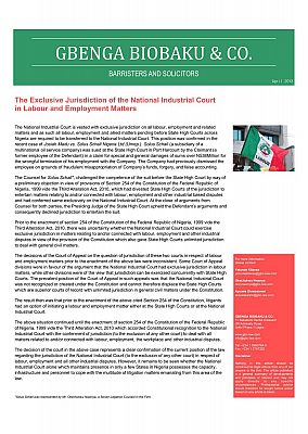 The Exclusive Jurisdiction of the National Industrial Court in Labour and Employment Matters